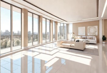 A modern living room with stunning city vistas, Cityscape backdrop seen from bright living room windows, Sunlight streaming through large windows in a city living room.