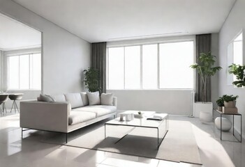 Naklejka na ściany i meble Contemporary white living room with elegant furnishings, 3D rendering of a minimalist white-themed living space, Modern white living room with sleek design elements.