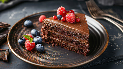 Piece of delicious chocolate cake with berries on plate