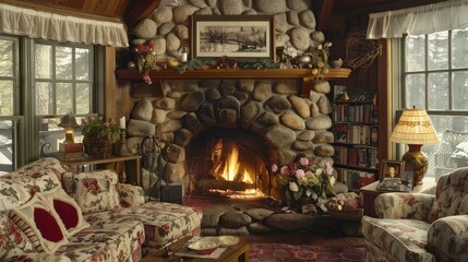 Cozy Cottage Living Room with a Stone Fireplace