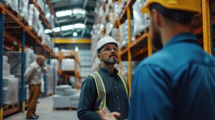 A team of warehouse workers in safety vests engage in a group discussion in a large modern logistics center. AIG41