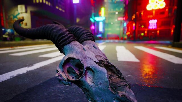 A bull skull rests on the side of a deserted road, abandoned and weathered by time.