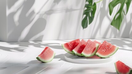 Juicy watermelon slices on a white plate set against a backdrop of contrasting shadows from plant leaves, illuminated by natural sunlight