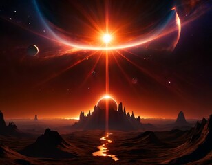 An otherworldly landscape bathed in the light of a stellar eclipse, with multiple celestial bodies aligning.. AI Generation