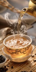 Steaming tea poured from golden teapot into ornate cup on a bamboo placemat