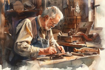 A man working on a piece of wood, suitable for woodworking concepts