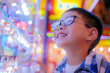 Cute asian boy in eyeglasses shop wearing glasses