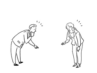 屈んで指を指すスーツの女性と男性、線画