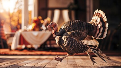 Joyful Turkey Celebrating Thanksgiving, Blur Portrait Background
