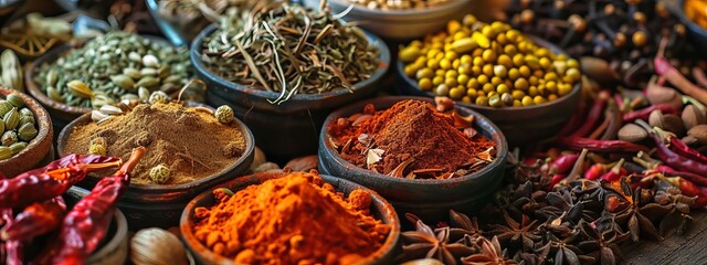 Fototapeta premium Assortment of spices and dry herbs. selective focus. Generative AI,