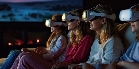 Relaxing family using visual reality goggle while enjoy watching movie. Diverse people spending time together watch series or television together while using VR headset and sitting at sofa. AIG42.