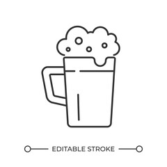 Beer mug linear icon. Frothy drink. Alcoholic drink. Happy hour. Refreshing craft beer. Drinking culture. Thin line illustration. Contour symbol. Vector outline drawing. Editable stroke