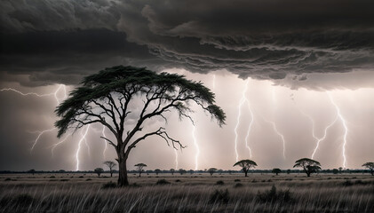 An African landscape with sunset and dramatic clouds. A summer thunderstorm over the African savannah. 
