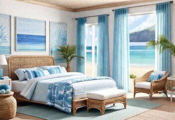Relaxing blue-themed bedroom with a calming view of the ocean, Tranquil coastal bedroom featuring wicker furniture and ocean vista, Serene blue bedroom with ocean view and wicker furniture.