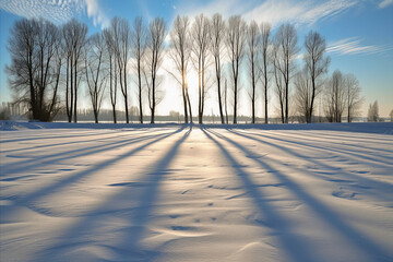 A serene, snowy landscape with bare trees and long shadows under a bright sun, evoking solitude and calmness