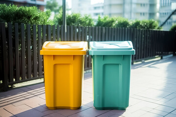 Bright sunlight highlights two vibrant waste bins, yellow and green, against a wooden fence in an urban outdoor setting