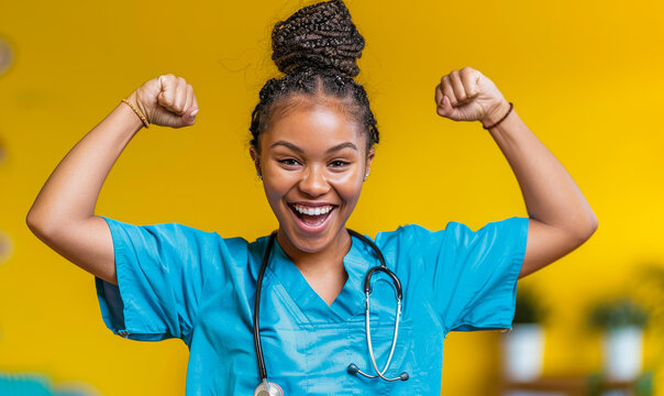 Excited African American Nurse Celebrates Success with Raised Arms and Joyful Expression in Bright Yellow Background