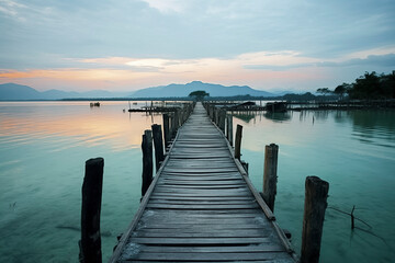 Fototapeta premium A tranquil lake with a wooden dock leading to a small house under a vibrant sunset with cloudy reflections