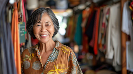A woman is smiling in front of a rack of clothes