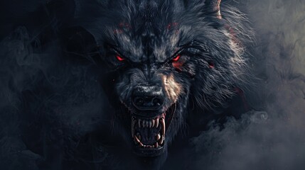 Intense close-up of a wolf with striking red eyes. Suitable for wildlife and Halloween themes