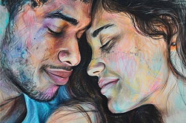 Ultra-calistic drawing of a young, happy multi-ethnic he and she at the beginning of a love story, capturing the essence of the moment. The atmosphere is relaxed and happy
