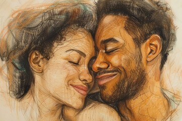 Ultra-calistic drawing of a young, happy multi-ethnic he and she at the beginning of a love story, capturing the essence of the moment. The atmosphere is relaxed and happy
