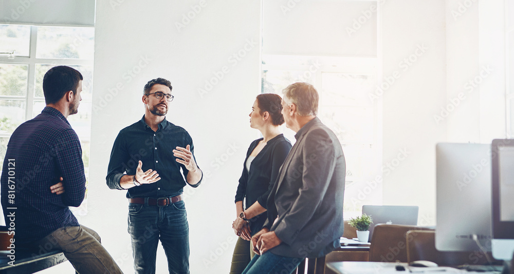 Poster business, people and meeting for discussion in office by networking, presentation and training with 
