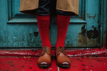Person's lower legs wearing red socks and stylish brown shoes, standing by an aged blue door