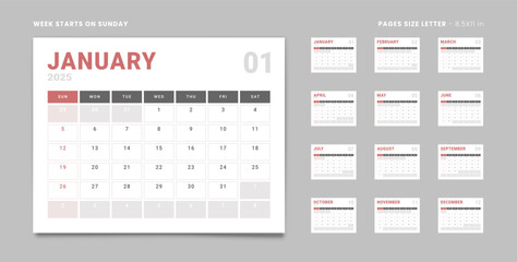 Set of 12 Pages Monthly Calendar Planner Templates with Logo Company on 2025 year. Vector mockup of a wall or desktop calendar with the week start on Sunday for print. Pages size Letter -8.5x11 in