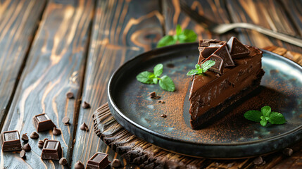 Plate with delicious chocolate cake on wooden table