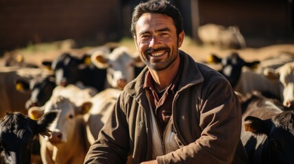 Fototapeta premium Mature Male Farmer Smiling Proudly With Cows on His Farm on a Sunny Day