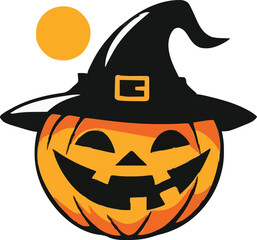 Halloween pumpkin in witch hat character colorful vector illustration in cartoon style isolated