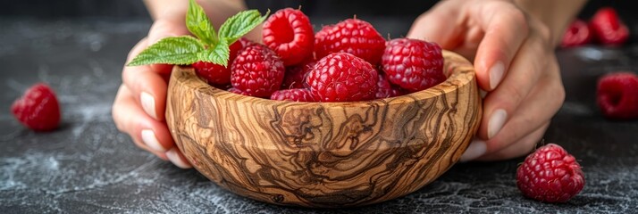 Fresh red raspberries in wooden bowls on sunlit kitchen counter for healthy snack ad