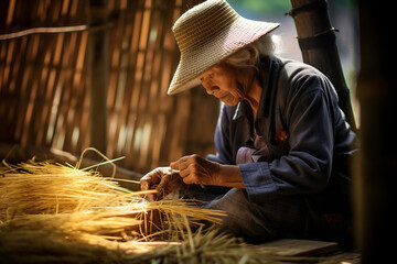 Title: Elderly Craftswoman Weaving Straw