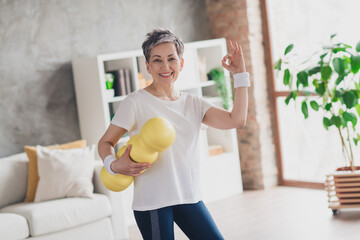 Photo of attractive senior woman hold massage roll okey sportswear home workout spacious bright living room sport concept