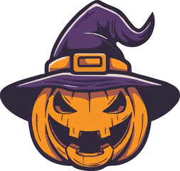 Halloween pumpkin in witch hat character colorful vector illustration in cartoon style isolated