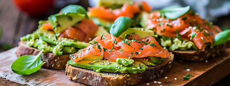 sandwich with avocado and red fish. Selective focus.