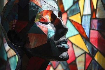 Cubist fashion statement capture of a human sculpture styled in cubist fashion elements, focus on, cubism influence theme, whimsical, Silhouette, art and fashion event