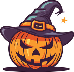 Halloween pumpkin in witch hat character colorful vector illustration in cartoon style isolated