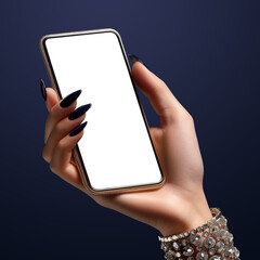 Woman hand hold smartphone mockup. Using beauty app, luxury jewelry online shopping. Mobile phone blank screen template. Nails manicure