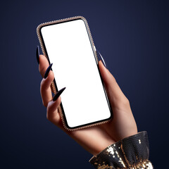 Woman hand hold smartphone mockup on fashion beauty background, luxury online shopping. Luxury Mobile phone blank screen template