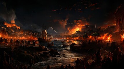 Dramatic Ancient Roman Naval Attack at Night with Burning City