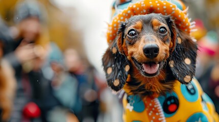 A dachshund dressed in a cute costume participating in a pet parade, happily trotting along with a crowd watching and smiling, Close up