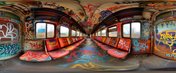Inside of a abandoned train car with bright colored graffiti