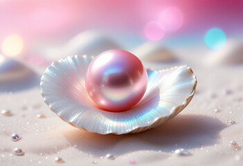 Pink pearl in shell on beach