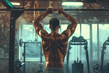 A man performing pull up exercise in a gym. Suitable for fitness and workout concepts - Powered by Adobe