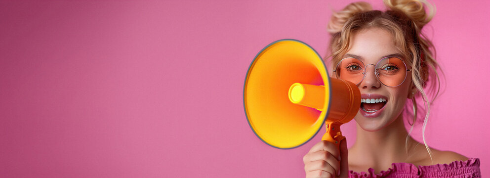 A summer banner with a woman holding a megaphone, promoting sales and discounts. Includes space for text, making it perfect for any promotional message or product advertisement.