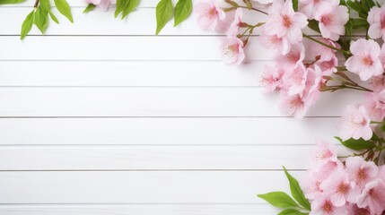 white wooden tabletop with cherry blossoms and green leaves as a frame and free space for text