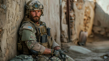 A portrait of a resolute american soldier in full gear, posing with his rifle against a wall