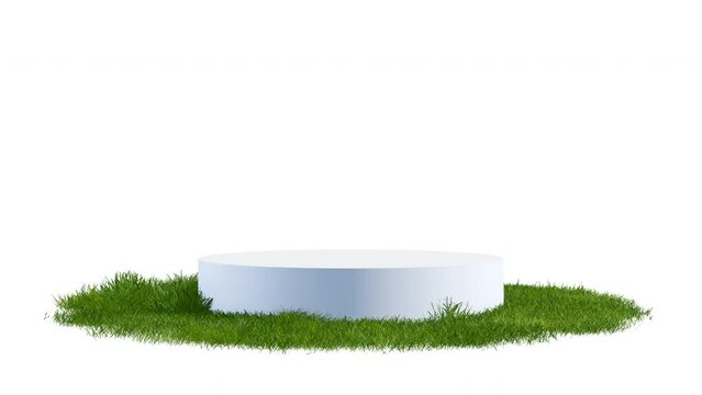 Round exhibition stand, podium or pedestal on surface patch covered with green grass rotated on white background. Realistic natural element for presentation. 3d animation with alpha matte channel.